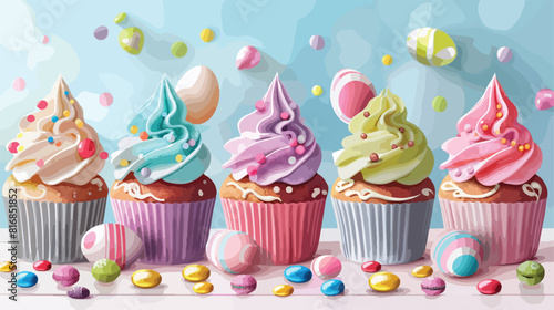 Tasty Easter cupcakes with candies on white table vector