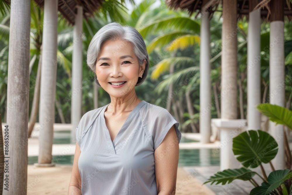 a beautiful Asian elder woman captures attention in a tropical paradise, inviting your advertising message. a beautiful Asian elder woman captures attention in a tropical paradise, inviting your advertising message.