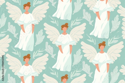 A beautiful pattern featuring a woman with angel wings. Perfect for use in fashion design or spiritual themed projects