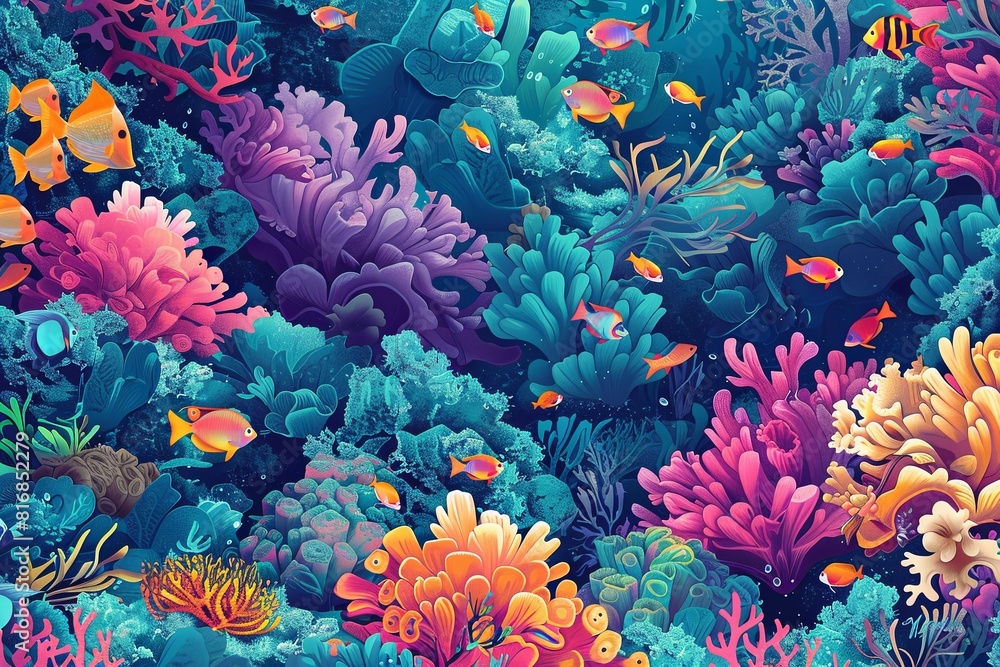 Colorful underwater scene featuring a vibrant array of corals and tropical fish