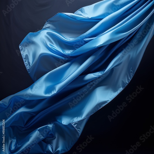 Flying blue silk fabric. Waving satin cloth on dark background. Generative AI.