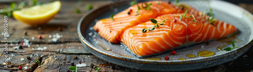 Slices of fresh salmon sashimi presented on a ceramic plate, garnished with herbs, ready for a Japanese cuisine experience.