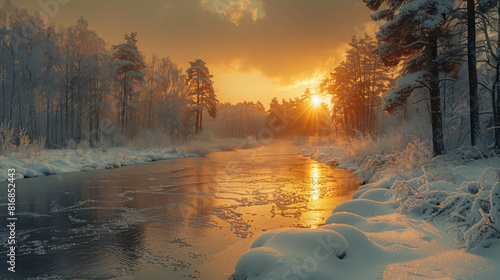 Capture the beauty of winter as the sun sets in a snowy landscape, perfect for outdoor photography. AI generative. photo