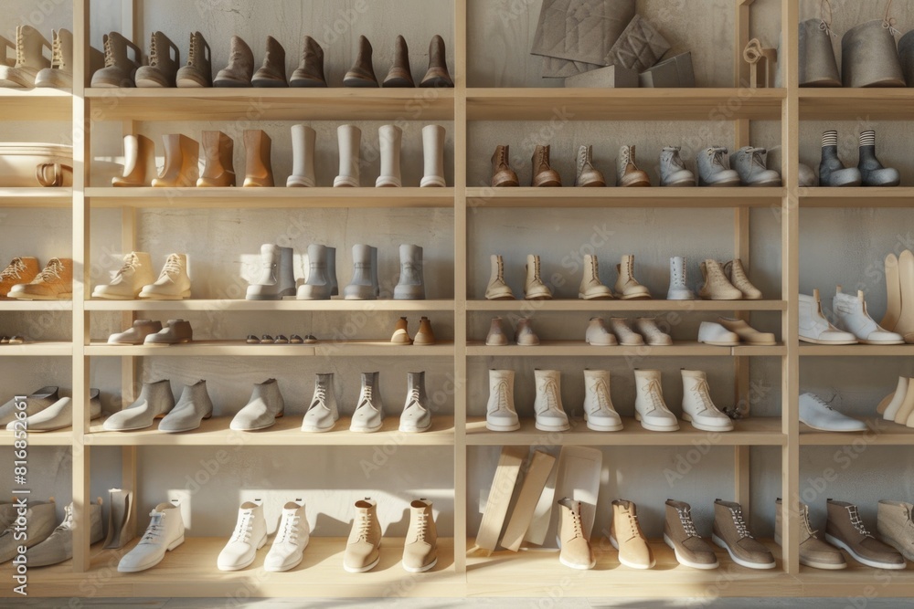 A diverse collection of shoes displayed on a shelf. Ideal for fashion or retail concepts A diverse collection of shoes displayed on a shelf. Ideal for fashion or retail concepts