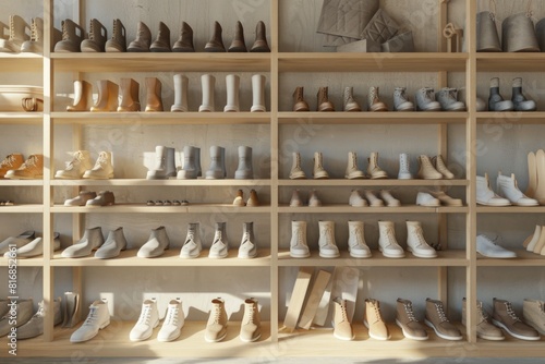 A diverse collection of shoes displayed on a shelf. Ideal for fashion or retail concepts