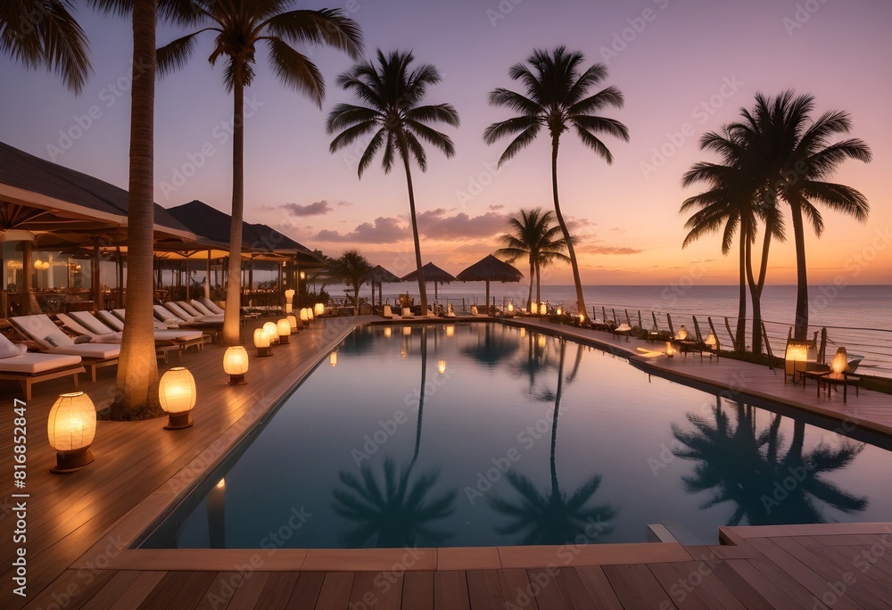 Obraz premium A luxury resort pool overlooking the ocean at sunset, with floating lanterns and umbrellas, a wooden deck and palm trees in the background 