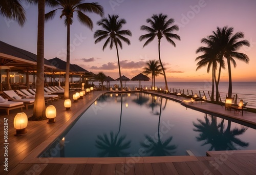A luxury resort pool overlooking the ocean at sunset  with floating lanterns and umbrellas  a wooden deck and palm trees in the background 