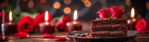 A decadent slice of chocolate cake topped with vibrant red roses, set against a dark backdrop.
