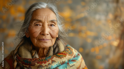 Elderly native american woman with scarf around her neck. Generative AI