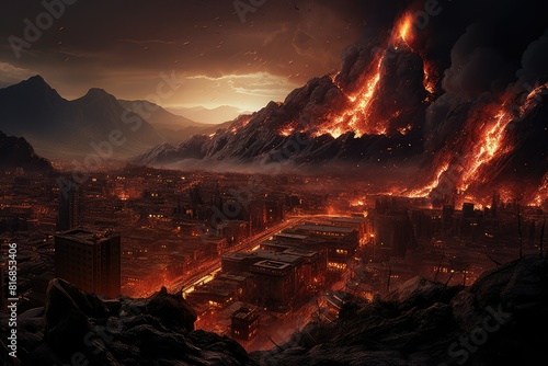 A city ablaze as lava engulfs buildings  with mountains in the distance. Generative AI