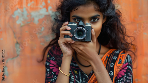 indian woman holding dslr camera and taking photo