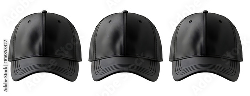 Set of black front and side view hat baseball cap on transparent background PNG photo