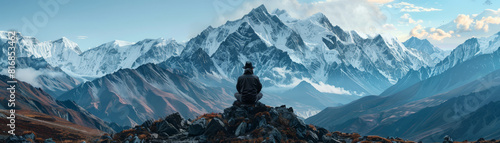 A solitary figure of a businessman working amidst the grandeur of high mountain ranges