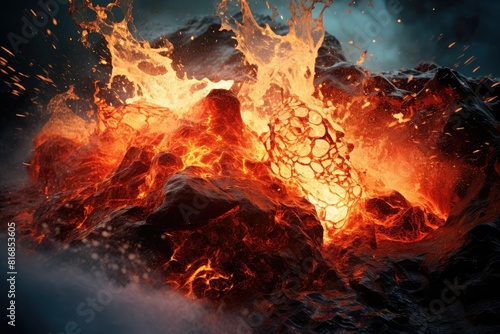 A close-up view of a mountain covered in flowing lava from a volcano eruption. Generative AI