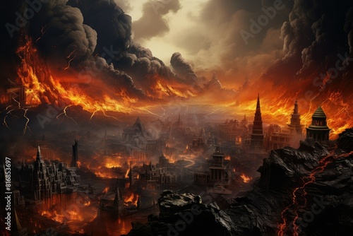 A city ablaze with flames and engulfed in thick smoke  depicting a devastating scene of destruction caused by a volcanic eruption. Generative AI