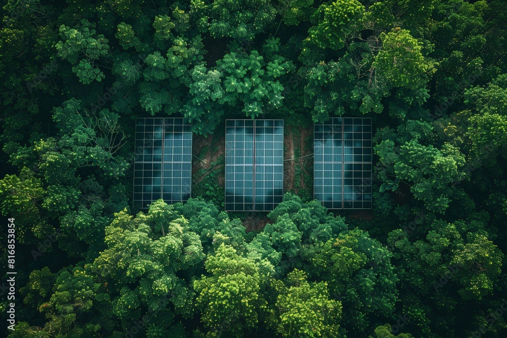 Aerial view of four solar panels placed in dense forest. Green canopy surrounds panels, emphasizing integration of technology and nature. renewable energy practices and environmental sustainability