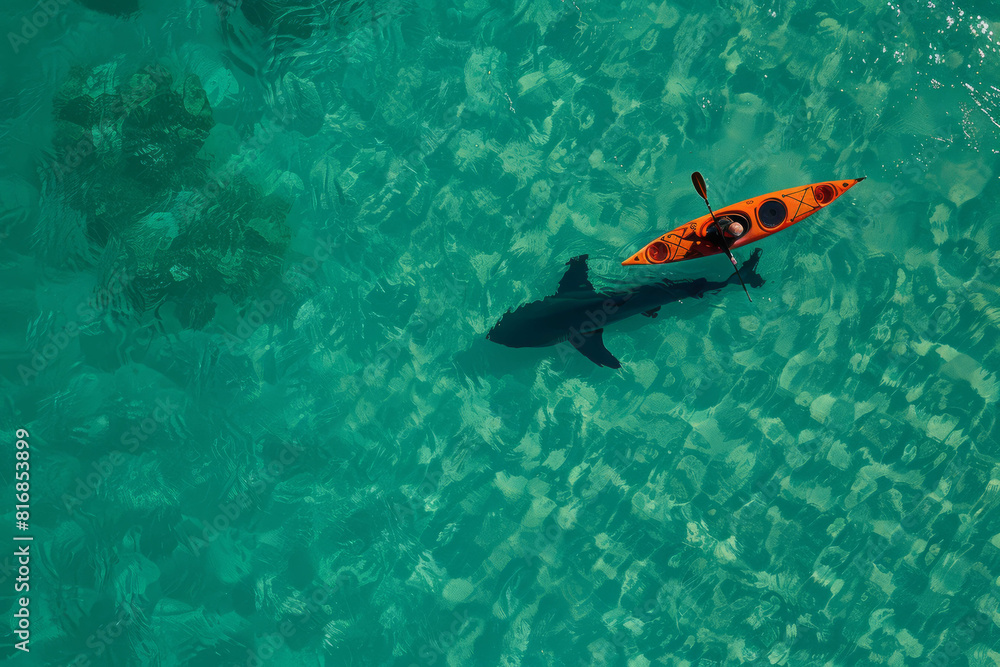 Aerial view of a lone kayak in clear blue waters, highlighting the tranquil and scenic landscape. The image captures the essence of solitude and adventure. AI generative. Aerial view of a lone kayak in clear blue waters, highlighting the tranquil and scenic landscape. The image captures the essence of solitude and adventure. AI generative.