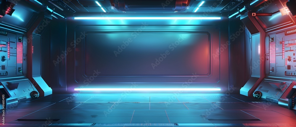 Futuristic Sci Fi Neon Lit Architectural Interior Corridor with Illuminated Platform and Cinematic Atmosphere Futuristic Sci Fi Neon Lit Architectural Interior Corridor with Illuminated Platform and Cinematic Atmosphere