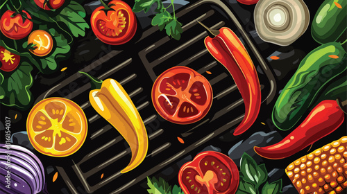 Tasty vegetables on barbecue grill closeup Vectot style
