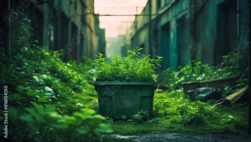 Green plants grow in a trash pollution environment background