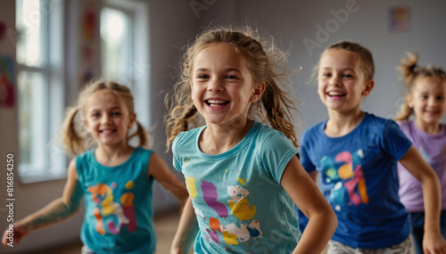 Group of funny smiling children are dancing in dancing class photo