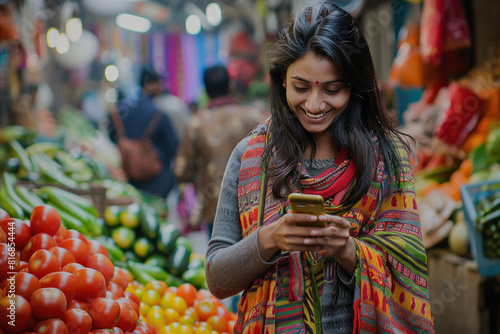 Young indian woman using smartphone at street market