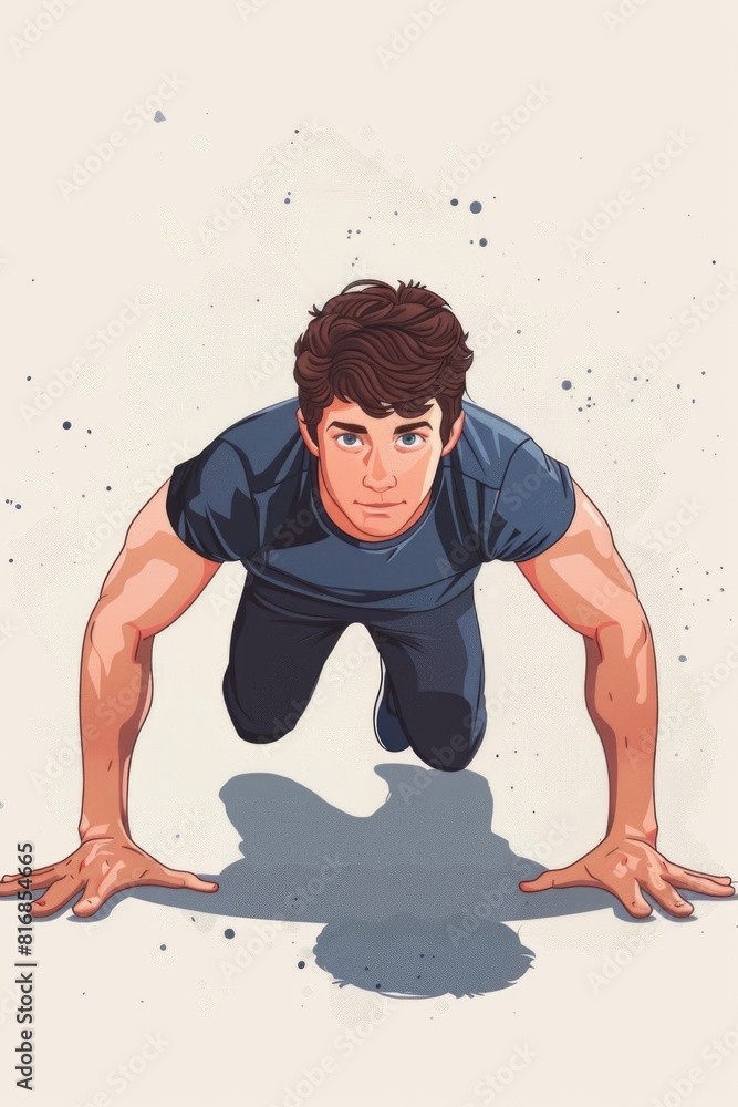 A man in a blue shirt performing push ups. Suitable for fitness and health concepts
