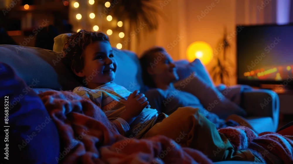 A boy is watching a movie on the sofa in the living room with his parents.
