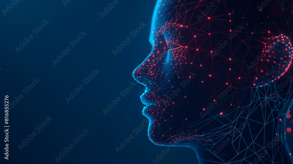 Abstract concept of virtual reality and artificial intelligence. Human in profile made of red neural network interconnected grid. With copy space for background. Abstract concept of virtual reality and artificial intelligence. Human in profile made of red neural network interconnected grid. With copy space for background.