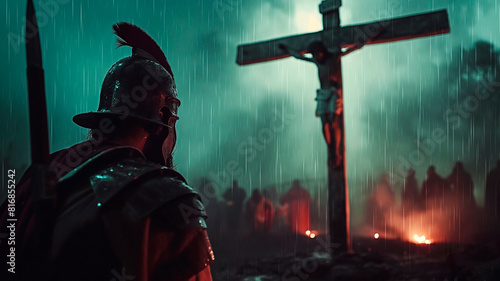 Roman soldier witnessing the crucifixion of Jesus in the rain.