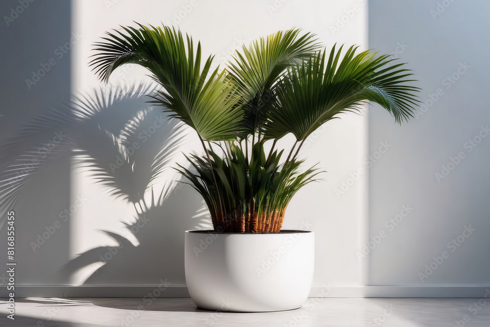 Design a mockup template featuring a tropical palm tree pot against a white wall, illuminated by sunlight and shadows, creating a stunning natural backdrop. Design a mockup template featuring a tropical palm tree pot against a white wall, illuminated by sunlight and shadows, creating a stunning natural backdrop.