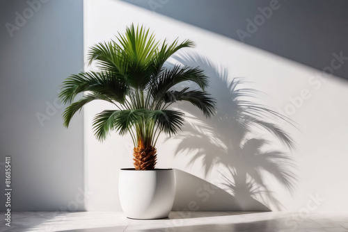 Design a mockup template featuring a tropical palm tree pot against a white wall  illuminated by sunlight and shadows  creating a stunning natural backdrop.