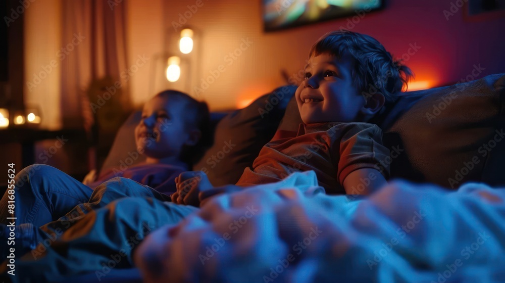 A boy is watching a movie on the sofa in the living room with his parents. A boy is watching a movie on the sofa in the living room with his parents.