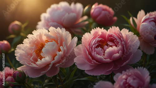 Pink peony flowers on blurred background