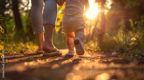 A picture of the legs of a little child walking on a path with his mother holding his hand.