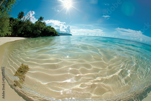 Picture of the sea featuring crashing waves and a spotless white beach, captured with a wide-angle fisheye lens for a panoramic effect. Created using AI generative methods. AI generative.