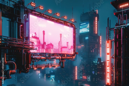 A futuristic cityscape illuminated by vibrant neon lights. Perfect for technology or urban themed projects
