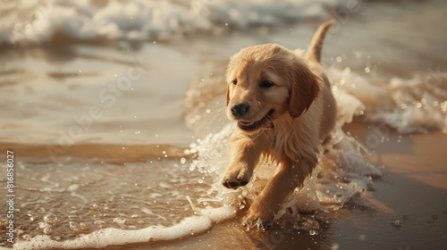 This vibrant 4K photo captures a Golden Retriever having fun on the beach, showcasing its playful nature and love for the ocean. Perfect for pet lovers.AI generative. © น้ำฝน สามารถ