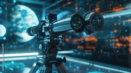 Fototapeta Naklejka Na Ścianę i Meble -  A telescope on a tripod in a space station. Ideal for science and technology concepts