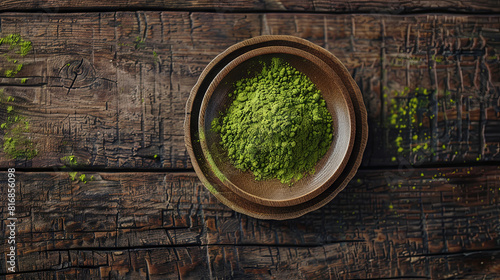 Matcha powder, finely chopped in a wooden bowl