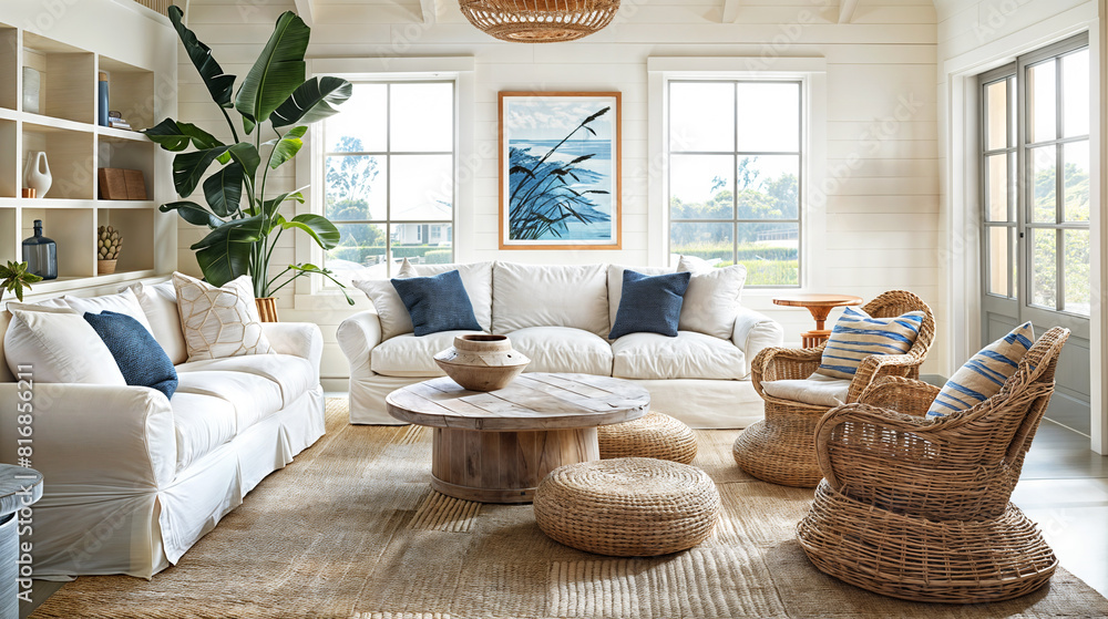 A coastal inspired living room interior design with a breezy color palette, nautical accents, and natural textures like rattan and sisal, evoking a relaxed seaside vibe A coastal inspired living room interior design with a breezy color palette, nautical accents, and natural textures like rattan and sisal, evoking a relaxed seaside vibe