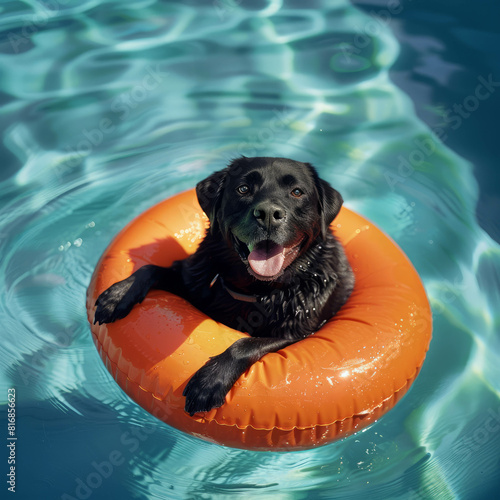 A cheerful Black Labrador retriever dog relaxes on an orange float, enjoying a sunny day by the pool. The playful and happy pet is perfect for showcasing joy and relaxation. AI generative. photo