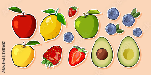 Fruit sticker set. Apples, strawberries, avocado, blueberries, lemon. Vector illustration