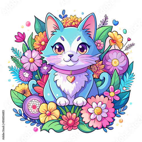 A detailed illustration vector of a cute cat sticker, transparent background - Generative AI
