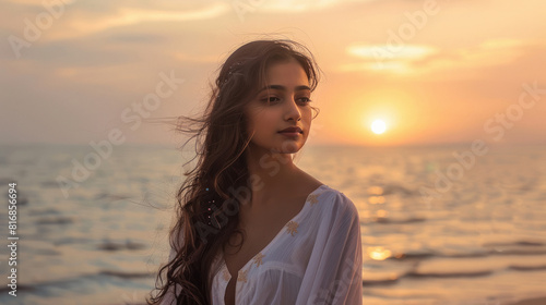 Beautiful indian lady in brown long hair and white dress, standing in front of the sea