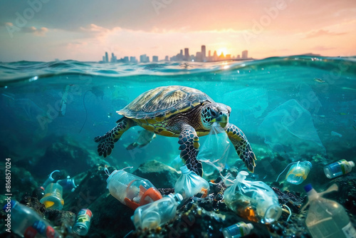 Underwater concept of global problem with plastic rubbish floating in the oceans. Hawksbill turtle in caption of plastic bag, city background photo