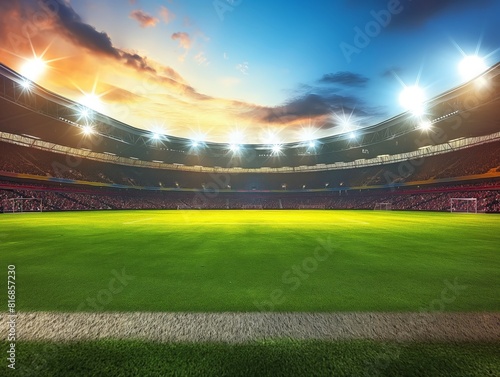 A vibrant soccer stadium under bright floodlights during sunset, with a lush green field and a packed audience, capturing the excitement and anticipation of a major sporting event © cherezoff
