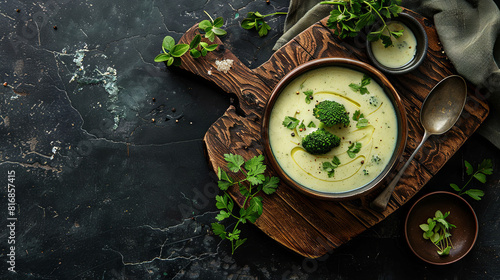 Cream of broccoli soup in a wooden plate
