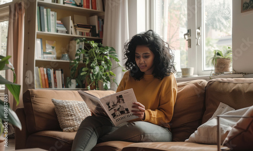 young woman reading a magazine at home