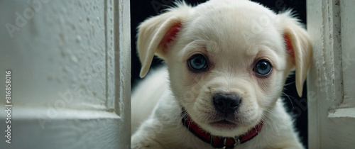 Wallpaper Mural A cute white puppy peeking out from behind a wooden fence Torontodigital.ca